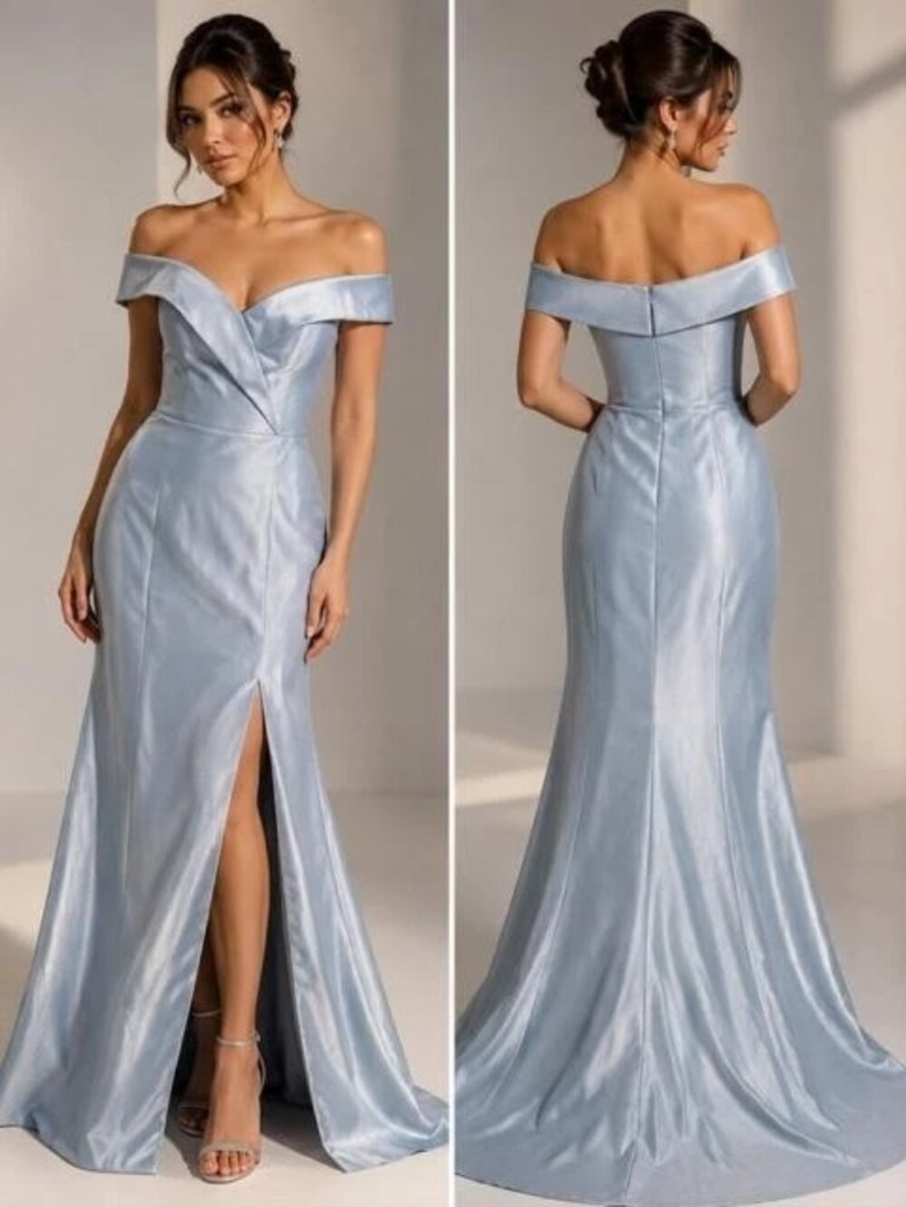 Alfred Sung D760 Mist Blue Off-the-Shoulder Short-Sleeve Gown - Picture 1 of 2